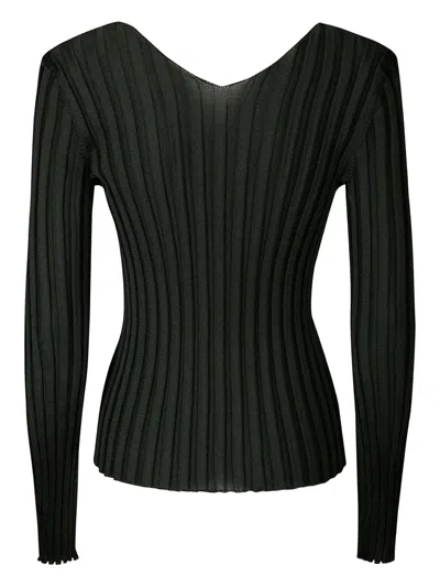 Lussi Fitted Ribbed Silk Sweater With Deep V-neckline In Green