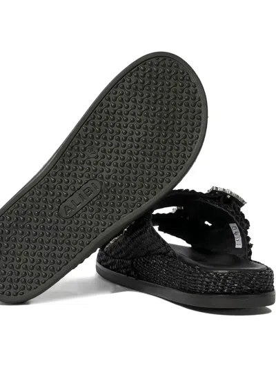 Alibi Greta Crystal Buckle Raffia Sandals In Black
