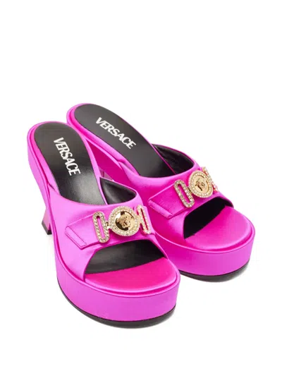 Pre-owned Versace Medusa Platform Satin Mules