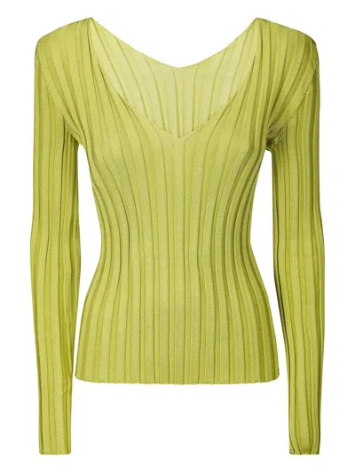 Lussi Fitted Ribbed Silk Sweater With Deep V-neckline In Green