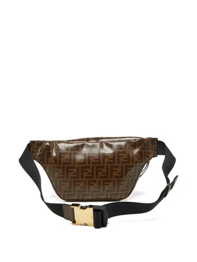 Pre-owned Fendi Ff-pattern Leather Belt Bag In Brown