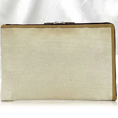Pre-owned Balenciaga Beige White Canvas Leather Clutch Bag Handbag ()