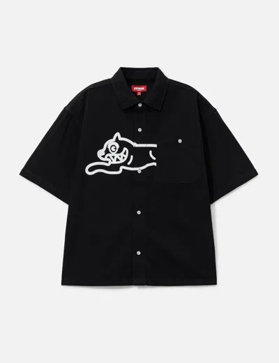Icecream Running Dog Short Sleeve Denim Graphic Button-up Shirt In Black
