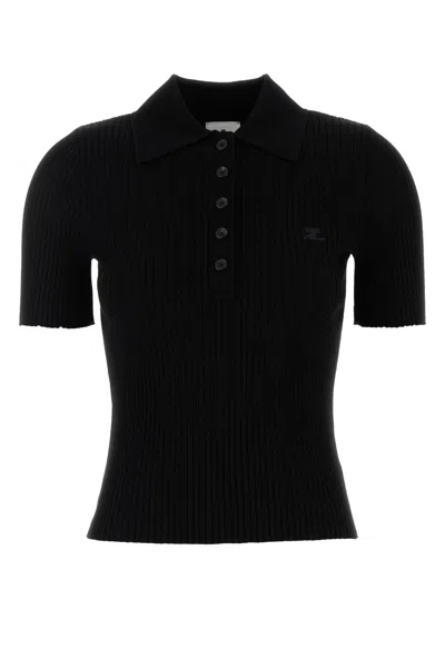 Courrèges Ribbed Short-sleeved Polo Shirt With Buttoned Placket In Black