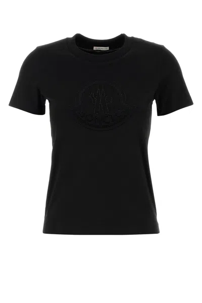 Moncler Women Black T-shirt With Rhinestone Logo In Cotton Woman In Black