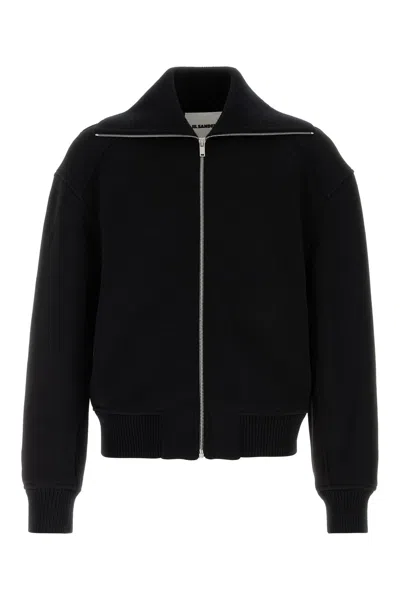 Jil Sander Black Wool Sweather With Zip Up Element In Black