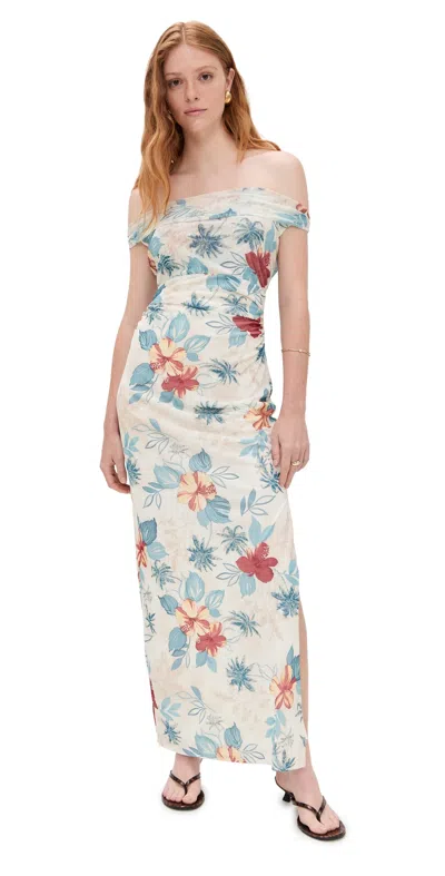 Wayf Marina Ruched Midi Dress Blue Hibiscus In Blue