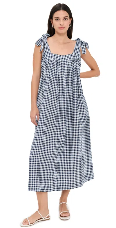 Clare V Rosalie Dress Navy/white Linen Gingham In Multi