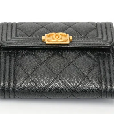 Pre-owned Chanel Black Grained Calfskin Wallet (tri-fold) ()