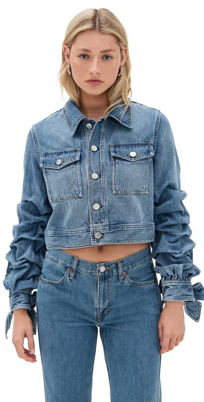 Alice And Olivia Tiff Denim Jacket With Bow Sleeve Ami Blue In Blue