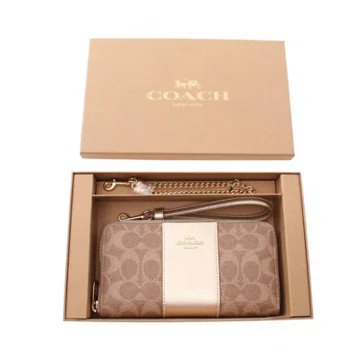 Pre-owned Coach Brown Gold Coated Canvas Leather Long Wallet (bi-fold) ()