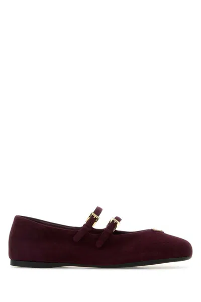 Prada Suede Ballerinas With Flat Sole And Round Toe In Burgundy