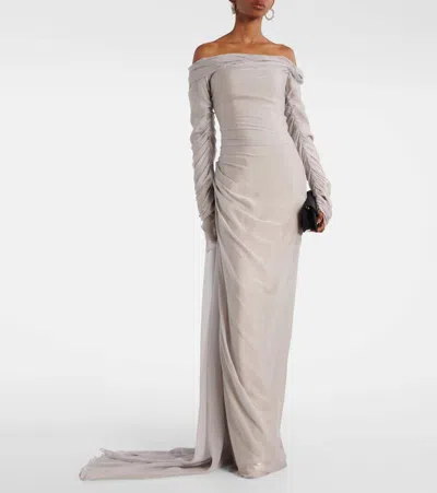 Marmar Halim Off-shoulder Silk Gown In Gray