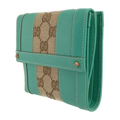 Pre-owned Gucci Beige Green Gg Canvas Leather Wallet (bi-fold) () In Multi