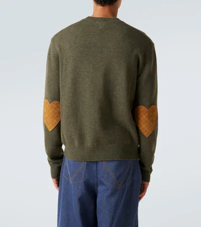 Bottega Veneta Classic Cashmere Blend Sweater With Intrecciato Suede Hearts In Green