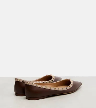 Valentino Studded Leather Ballerinas Pointed Toe In Brown