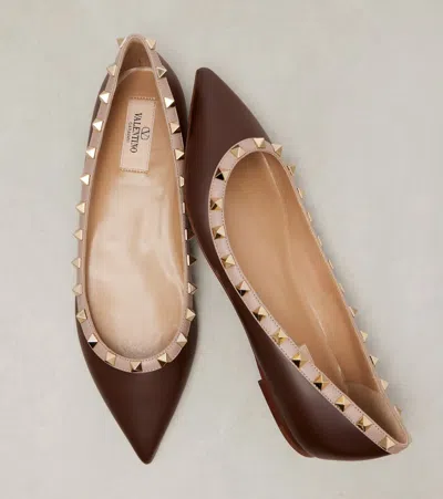 Valentino Studded Leather Ballerinas Pointed Toe In Brown