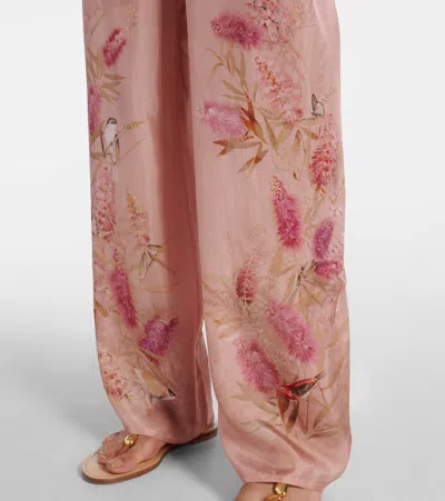 Zimmermann Pink Botanical Floral Silk Habotai Cascadian Trousers