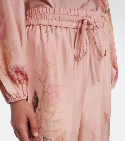 Zimmermann Pink Botanical Floral Silk Habotai Cascadian Trousers