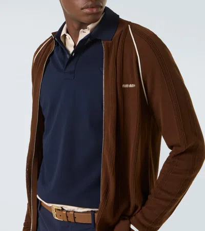 Miu Miu Logo Cotton-blend Zip-up Cardigan In Brown