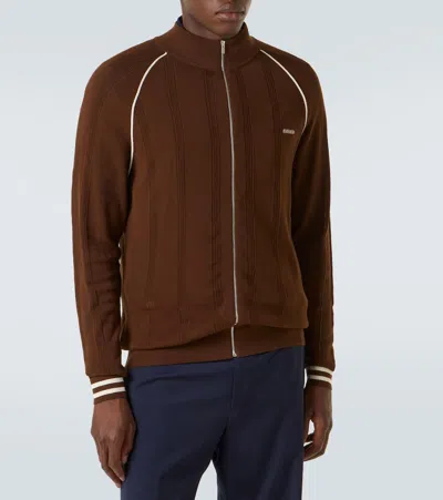 Miu Miu Logo Cotton-blend Zip-up Cardigan In Brown