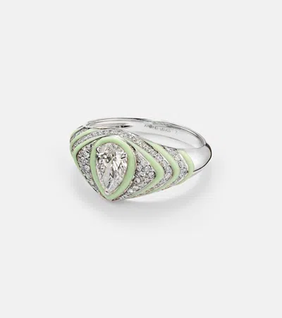 Kamyen 18kt White Gold And Enamel Pinky Ring With Diamonds