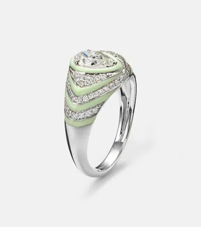 Kamyen 18kt White Gold And Enamel Pinky Ring With Diamonds