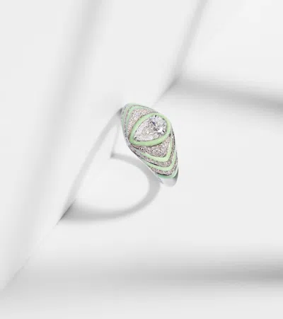 Kamyen 18kt White Gold And Enamel Pinky Ring With Diamonds