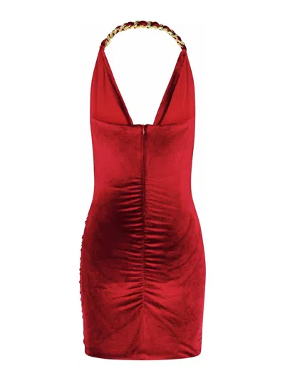 Balmain Red Chain-detail Velvet Mini Dress