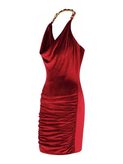Balmain Red Chain-detail Velvet Mini Dress