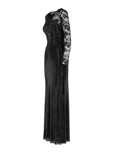 Self-portrait Self Portrait Women Black Rhinestone Mesh And Lace Maxi Dress