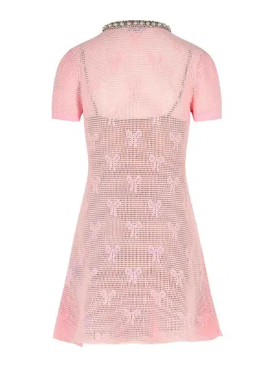 Self-portrait Self Portrait Pink Crochet Bow Mini Dress With Crystal Trim