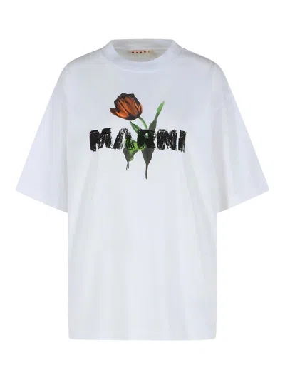 Marni White Cotton T-shirt With Tulip Print Women