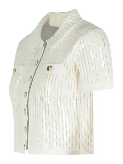 Self-portrait Ribbed Knit Cropped Polo Top In White