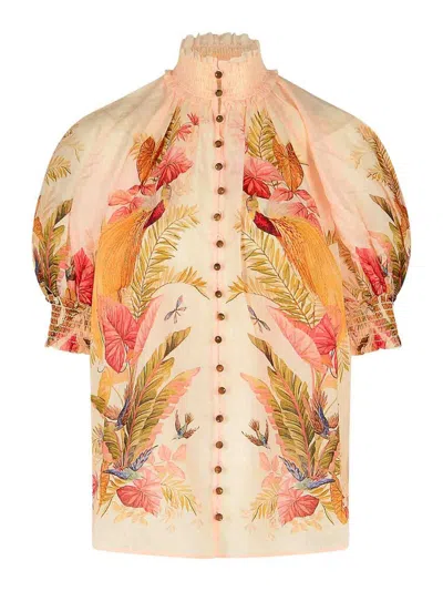 Zimmermann Ascension Embellished Shirred Floral-print Ramie Blouse