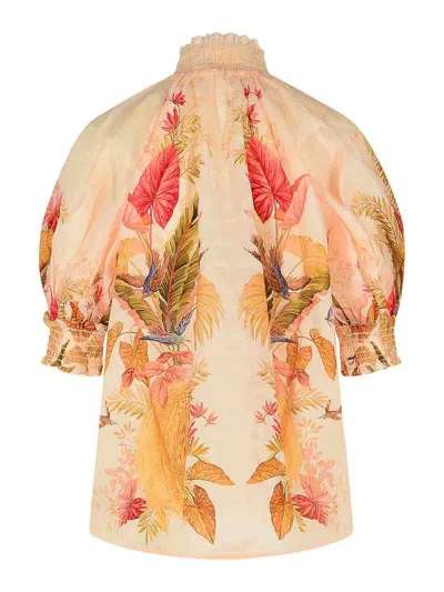 Zimmermann Ascension Embellished Shirred Floral-print Ramie Blouse