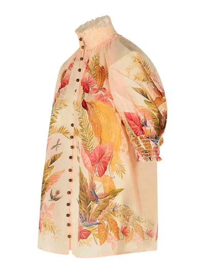 Zimmermann Ascension Embellished Shirred Floral-print Ramie Blouse