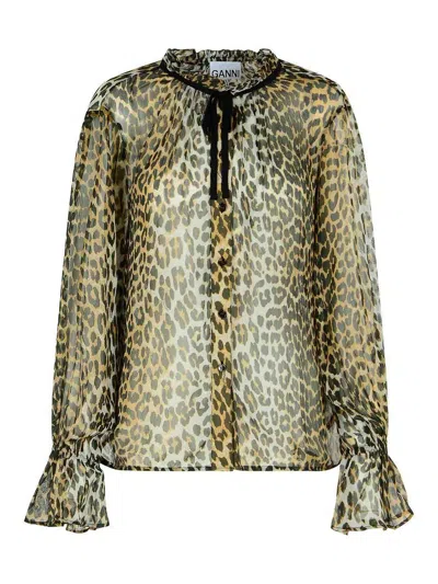 Ganni Leopard Print Viscose Shirt With Flared Hem In Brown