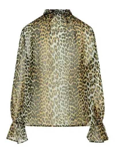 Ganni Leopard Print Viscose Shirt With Flared Hem In Brown