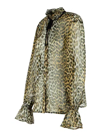 Ganni Leopard Print Viscose Shirt With Flared Hem In Brown