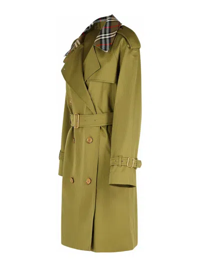Burberry Short Green Cotton  Trench Coat In Green