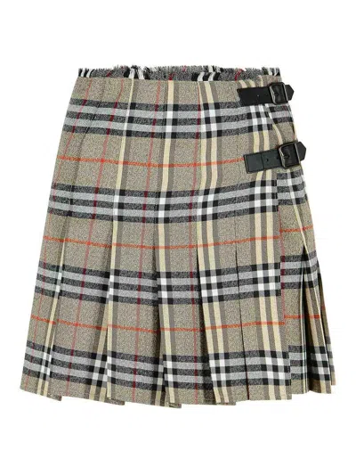 Burberry Plaid Pleated Skirt With Frayed Hem And Buckle Accents In Gray