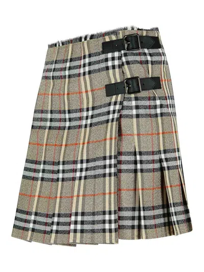 Burberry Plaid Pleated Skirt With Frayed Hem And Buckle Accents In Gray