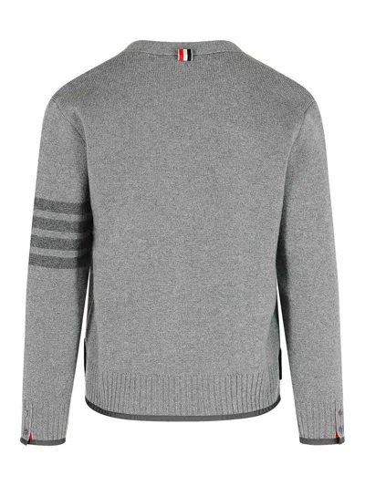Thom Browne Grey Cardigan With V Neck And Striped Detail On The Sleeve In Wool Man In Gray