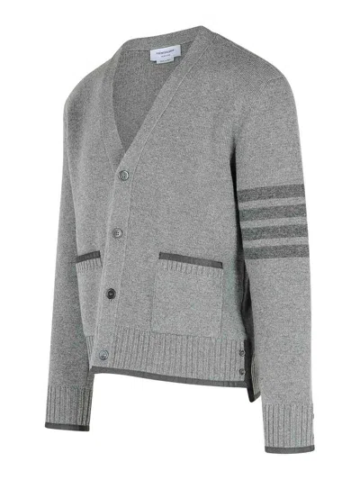 Thom Browne Grey Cardigan With V Neck And Striped Detail On The Sleeve In Wool Man In Gray