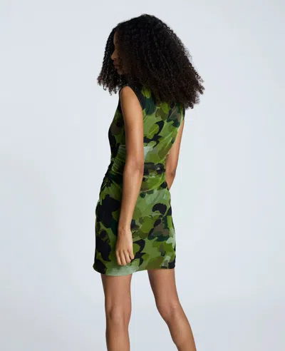 Kenneth Cole Printed Mesh Side Rouched Pullover Faux Wrap Mini Dress In Green