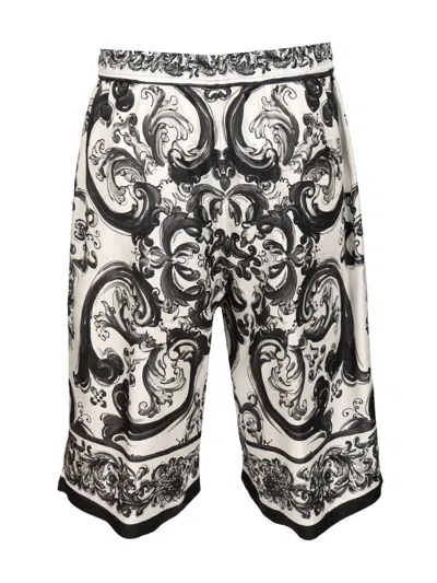 Dolce & Gabbana Bermuda Shorts In Silk With Majolica Print Trousers Black In Gray