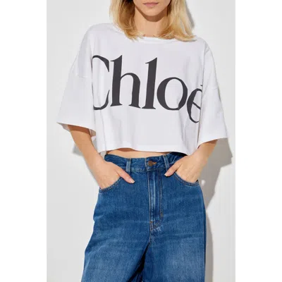 Chloé White Cropped T-shirt With Logo Lettering Print In Cotton Woman