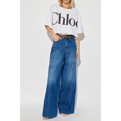 Chloé White Cropped T-shirt With Logo Lettering Print In Cotton Woman