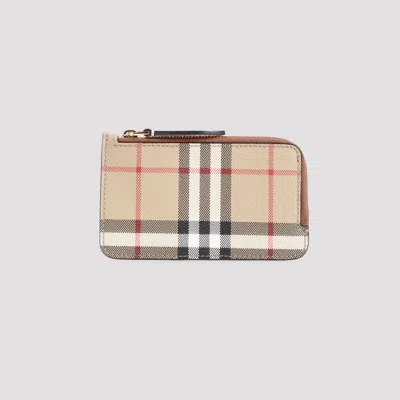 Burberry Check Print Brown Leather Wallet In Brown